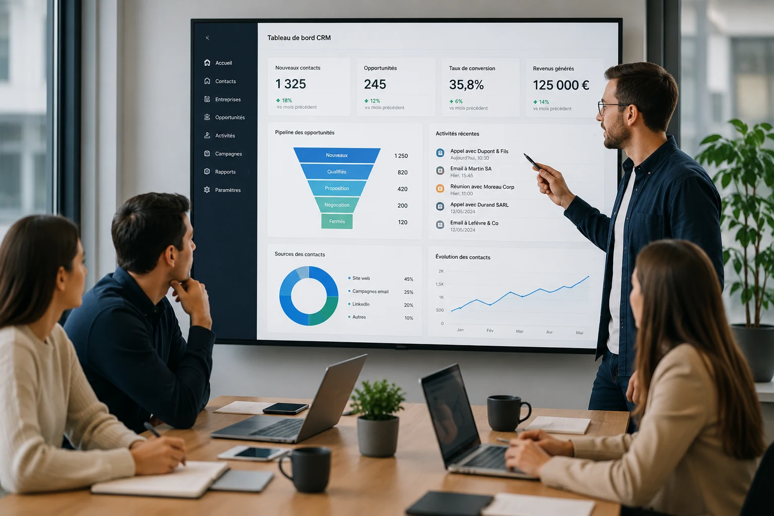 Réunion de stratégie CRM devant un tableau de bord